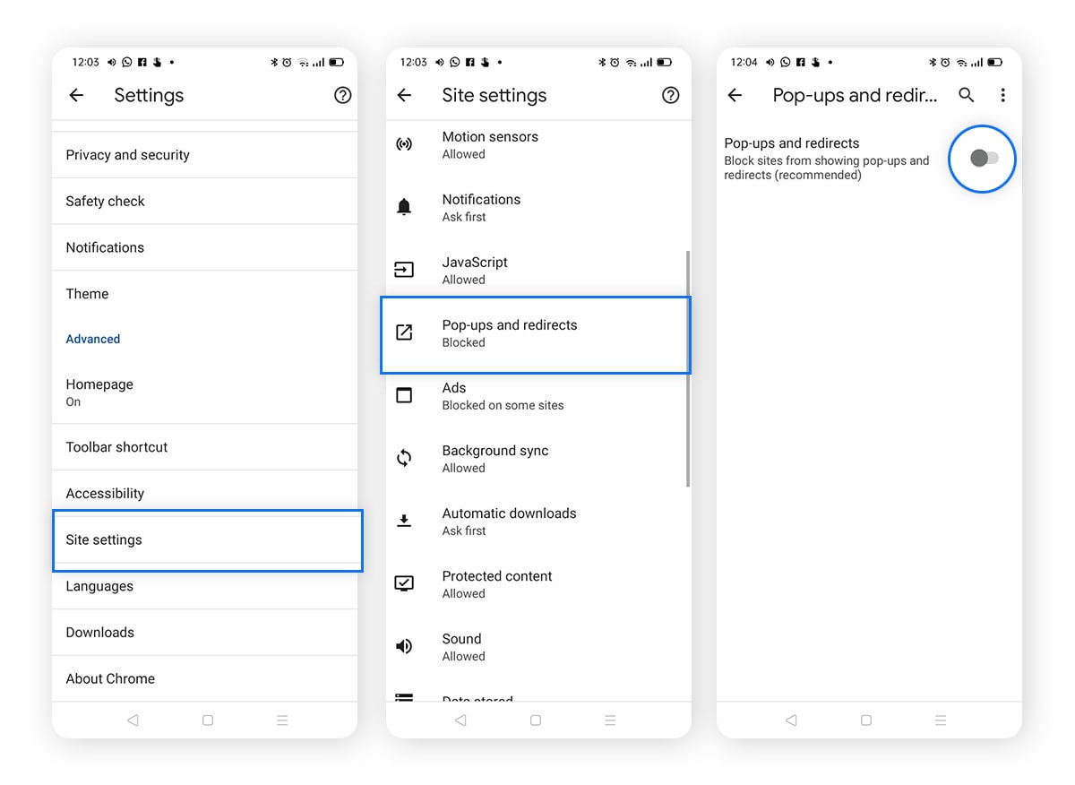 Blocking pop-ups and redirects on Google Chrome for Android