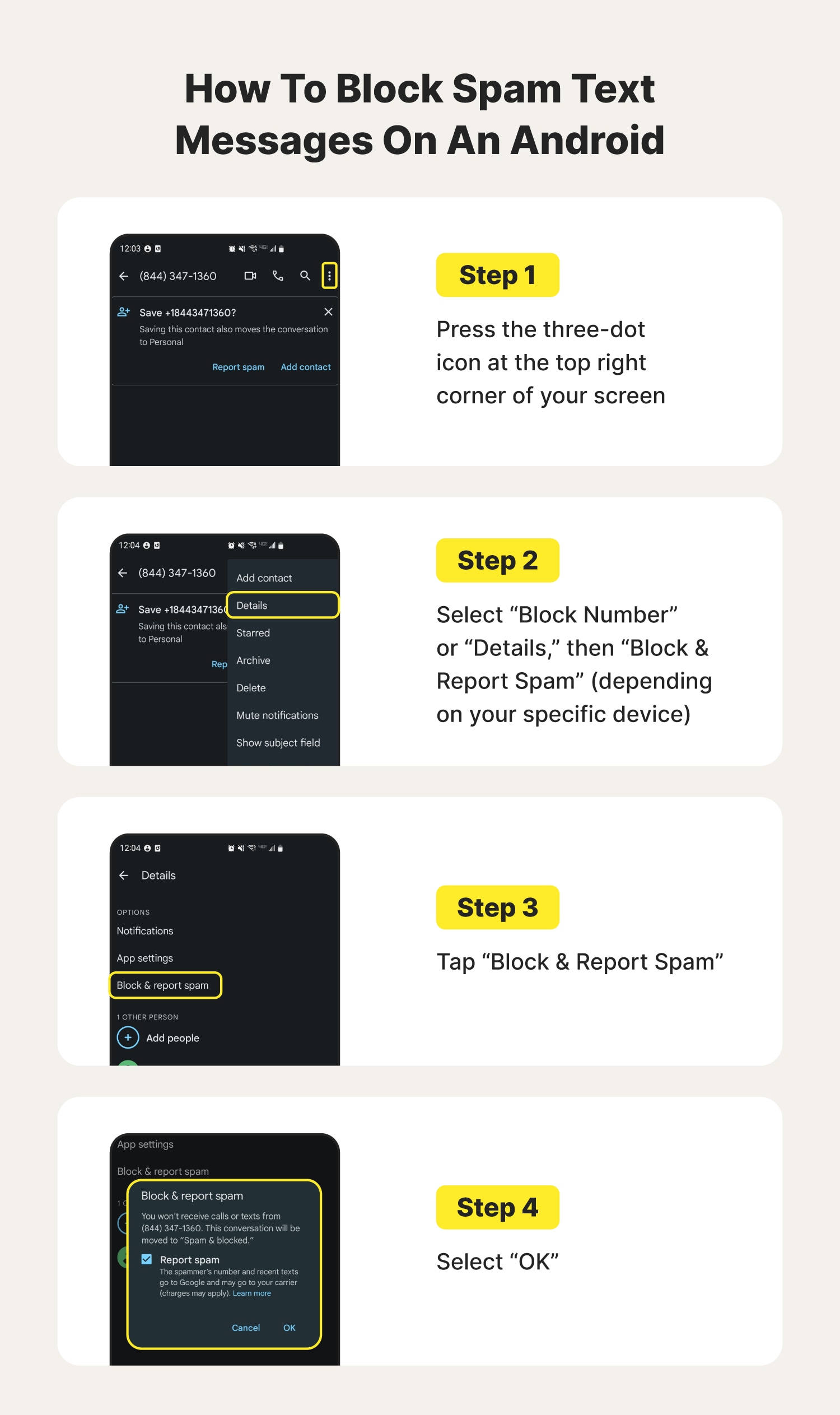 A graphic lists four steps informing you how to stop spam texts on an Android.