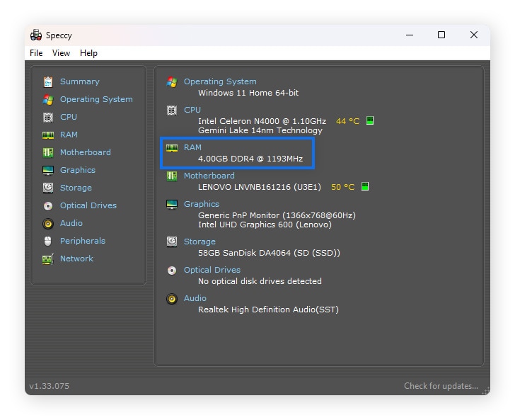 Screenshot of the Speccy homepage with the RAM information highlighted.