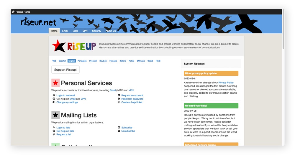 Riseup is a volunteer organization with secure chat and messaging services accessible on the dark and surface webs.