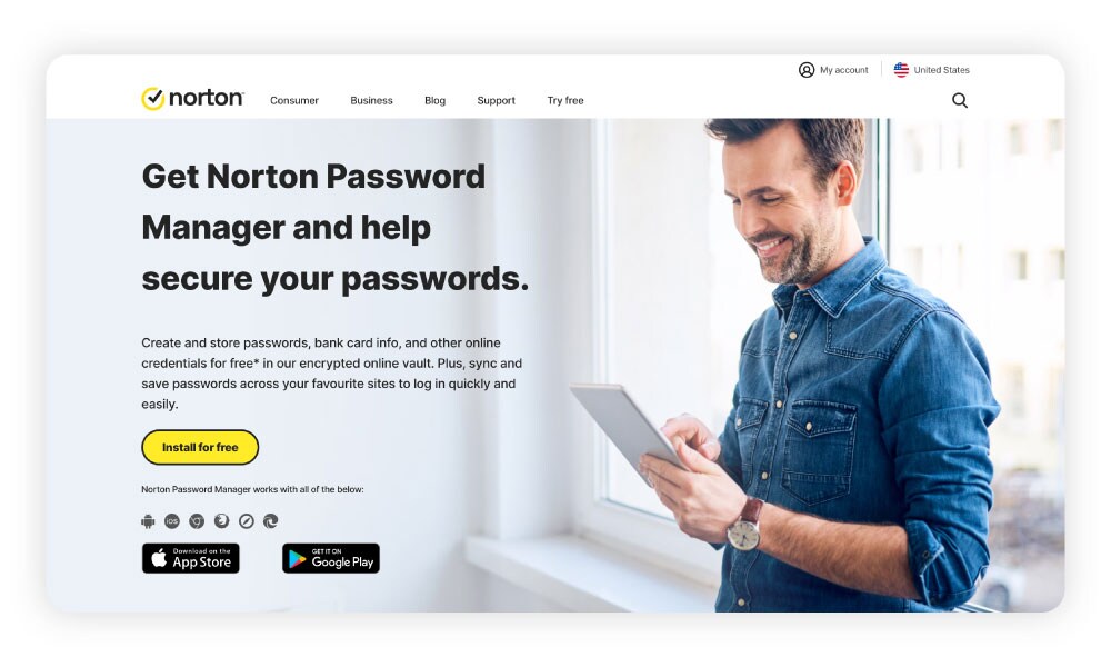 Screenshot of the Norton Password Manager homepage featuring a man using a password manager on an iPad.
