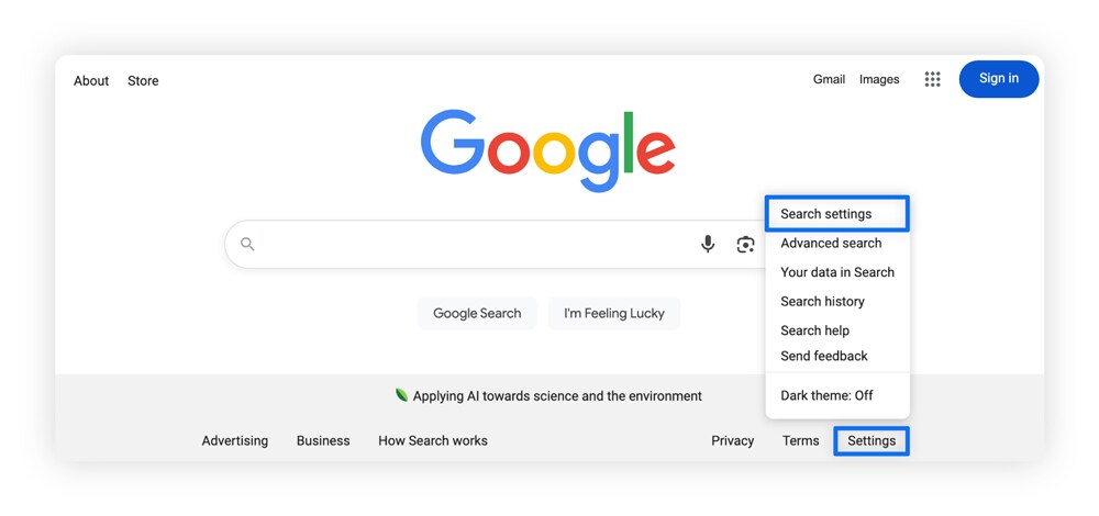 Google home page showing a dropdown menu with the options Settings and Search settings circled.