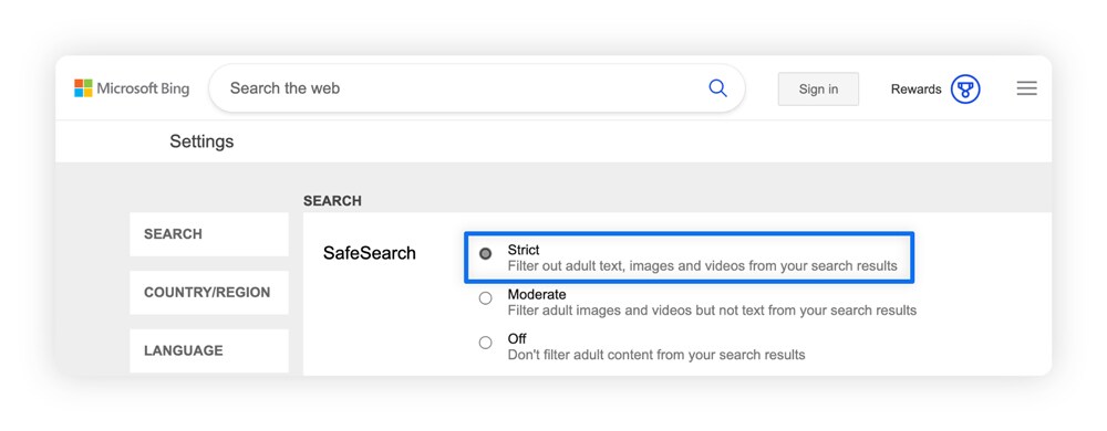 Shows the Microsoft Bing Settings page with the “Strict” filter highlighted.