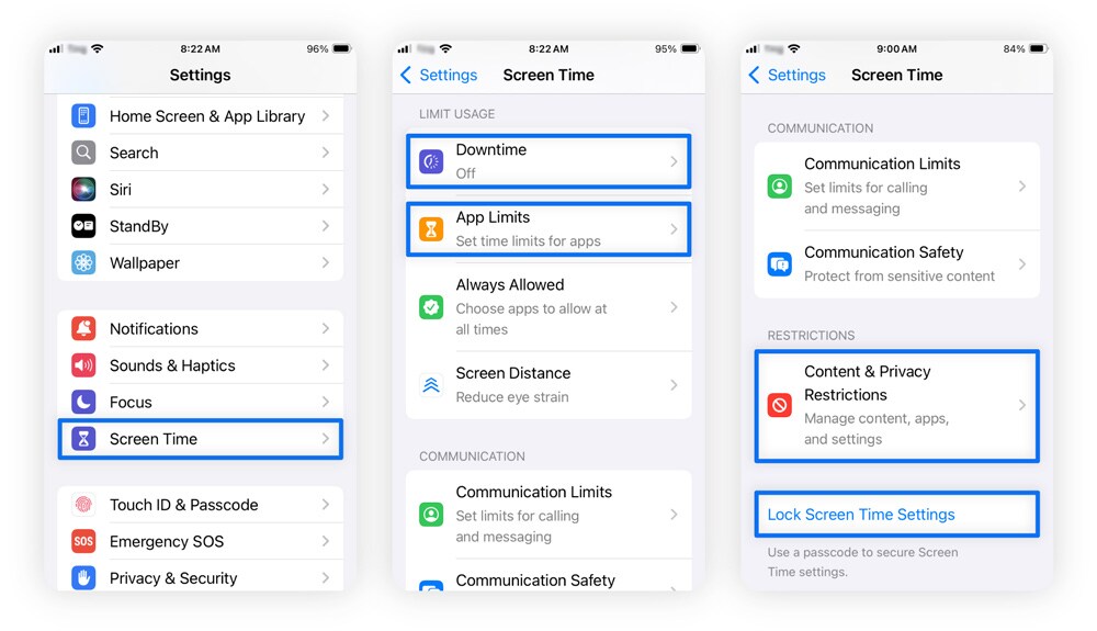 Three mobile screenshots, one with the Screen Time setting circled, one with the Downtime and App Limits circled, and one with the Content and Privacy Restrictions and Lock Screen Time Settings circled.