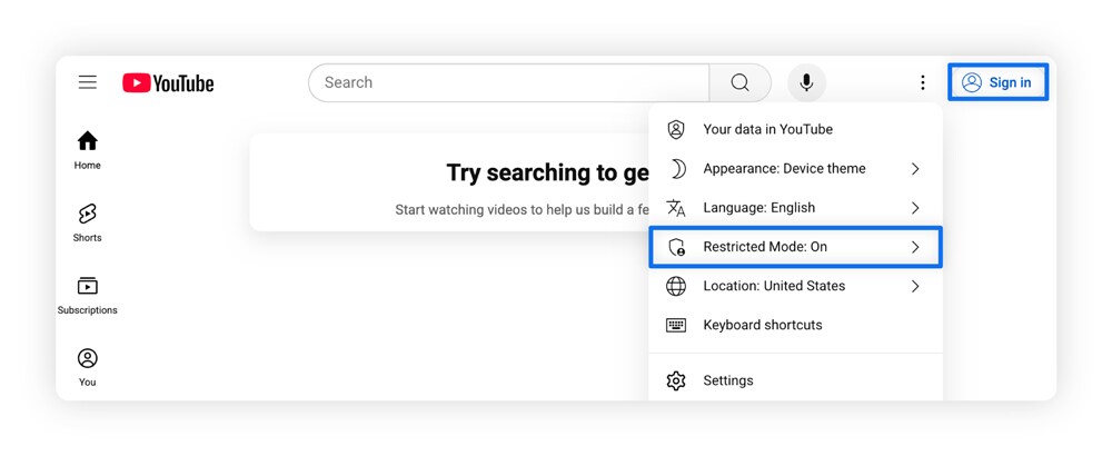 The YouTube home page with the Sign in button highlighted and the dropdown menu displaying “Restricted Mode: On” highlighted.