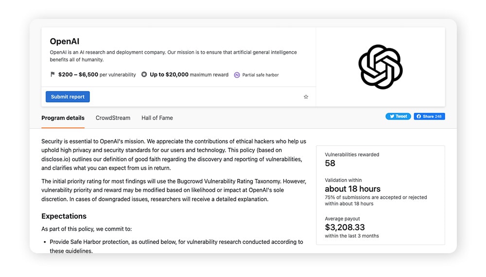 A screenshot detailing ChatGPTs Bug Bounty Program, which aims to improve the tool's safety and security through ethical hacking.