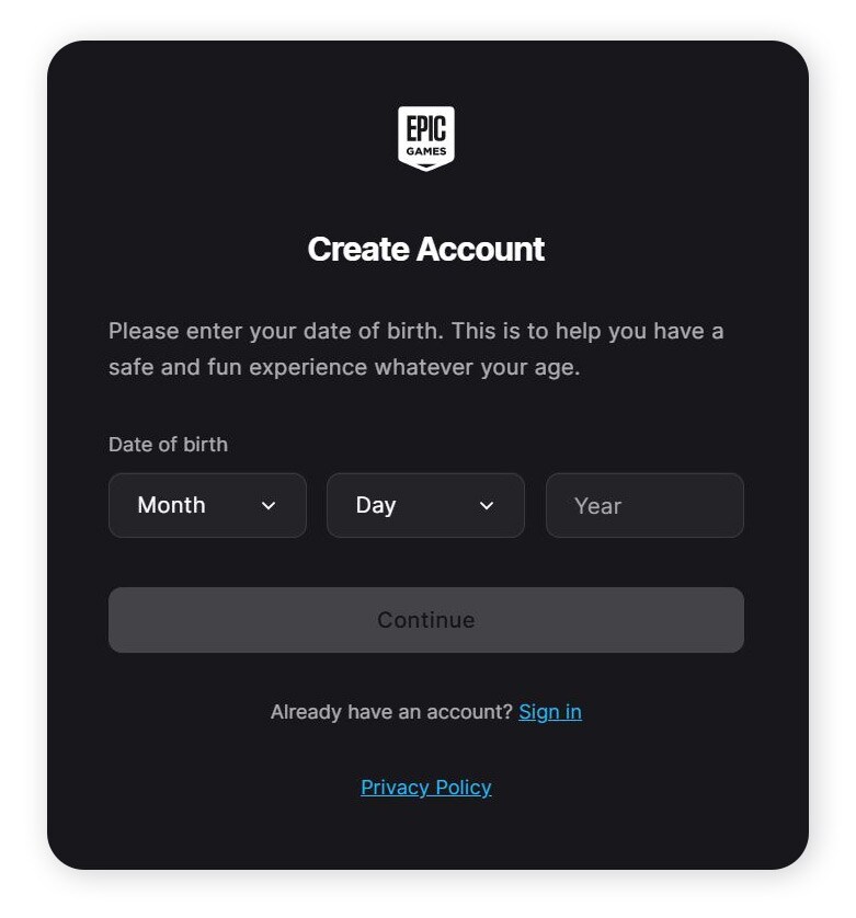 The Birth Date entry page on the Create Account process in Epic Games.