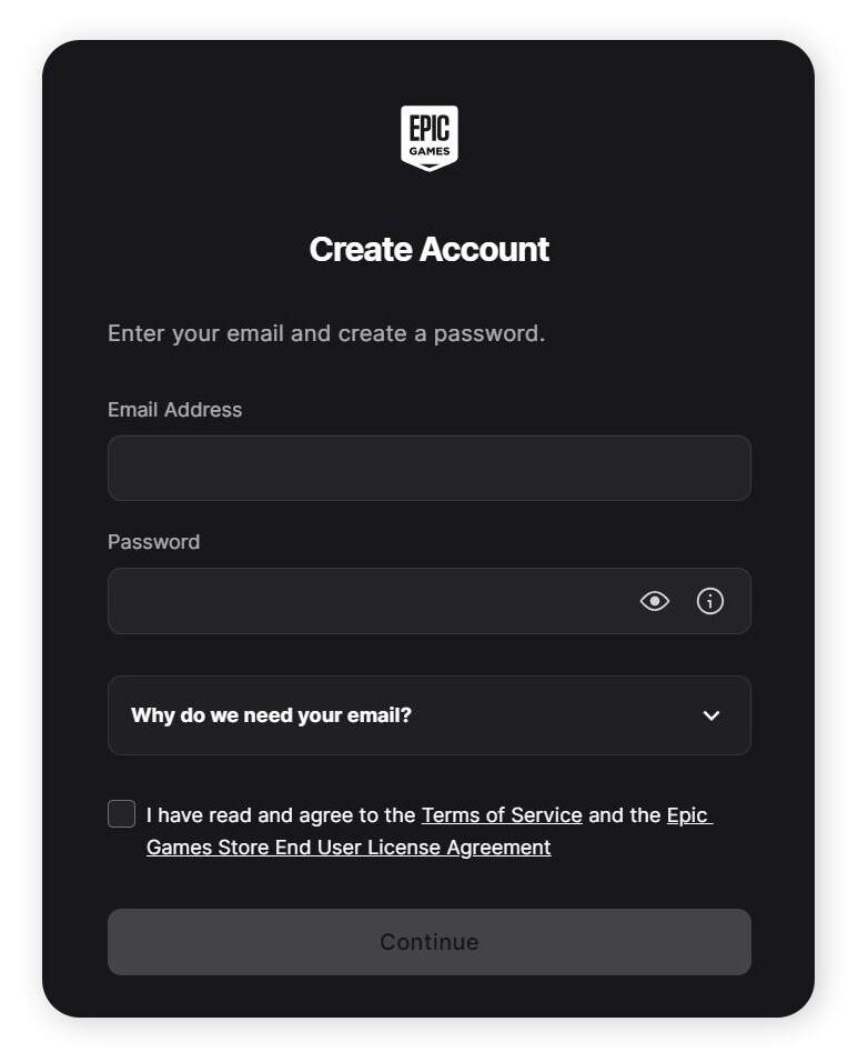 The Create Account page in Epic Games for minors, with email address and password fields only.