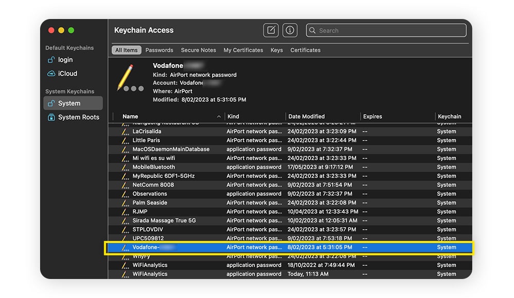 Mac Keychain Access window with a Wi-Fi network selected from a list of items.