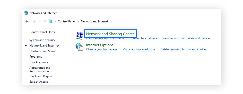 Choose Network and Sharing Center