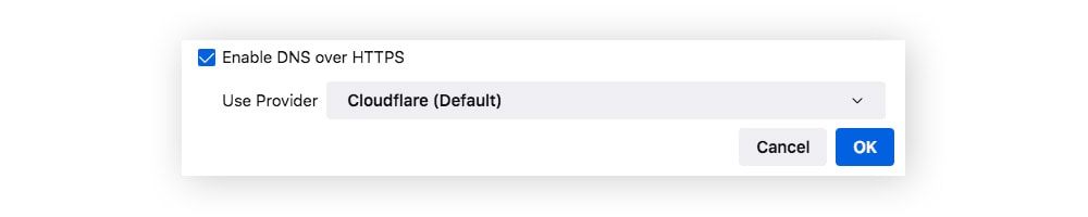 Enabling Secure DNS over HTTPS in Firefox.