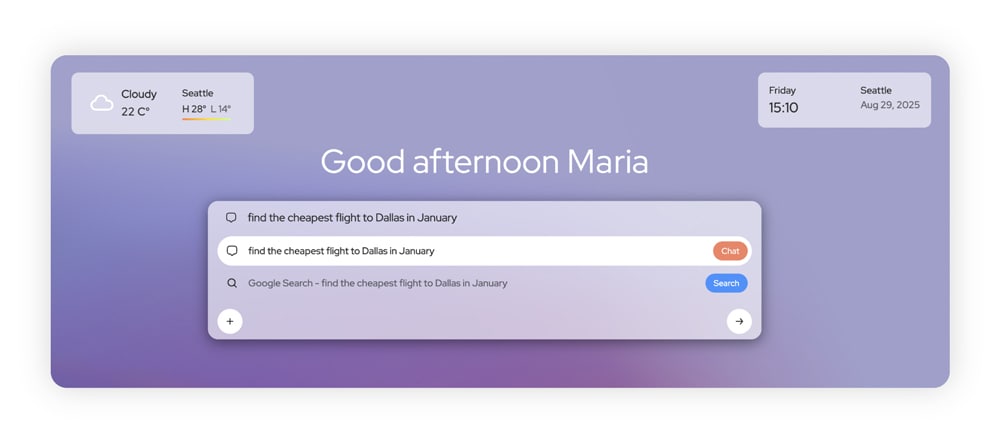 A screenshot of the Norton Neo web browser, which allows you to complete a traditional search or start a chatbot conversation.