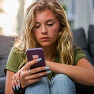 A woman researching on her phone about how to identify and protect herself from bot attacks.